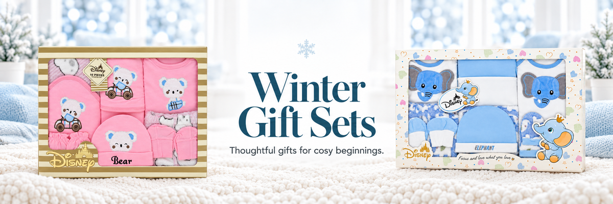 Winter Gift Sets — pink teddy bear and blue elephant gift boxes on an icy blue winter backdrop
