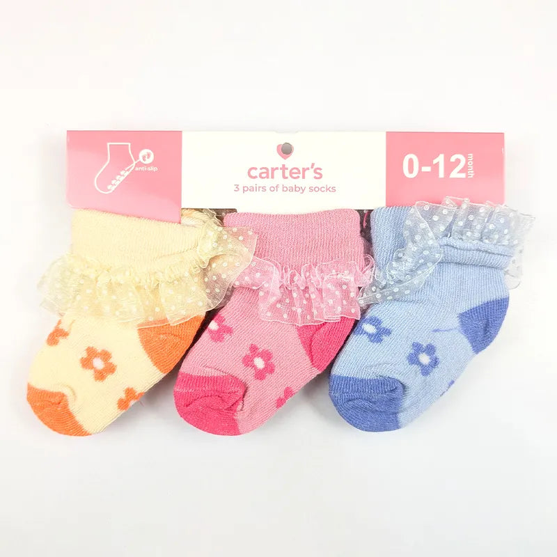 CARTERS IMPORTED 3 PIECE BABY GIRLS FLORAL RUFFLE SOCKS SET SIZE 12M
