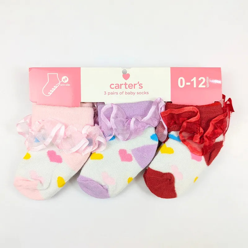 CARTERS IMPORTED 3 PIECE BABY GIRLS RUFFLE SOCKS HEART PATTERN SIZE 12M