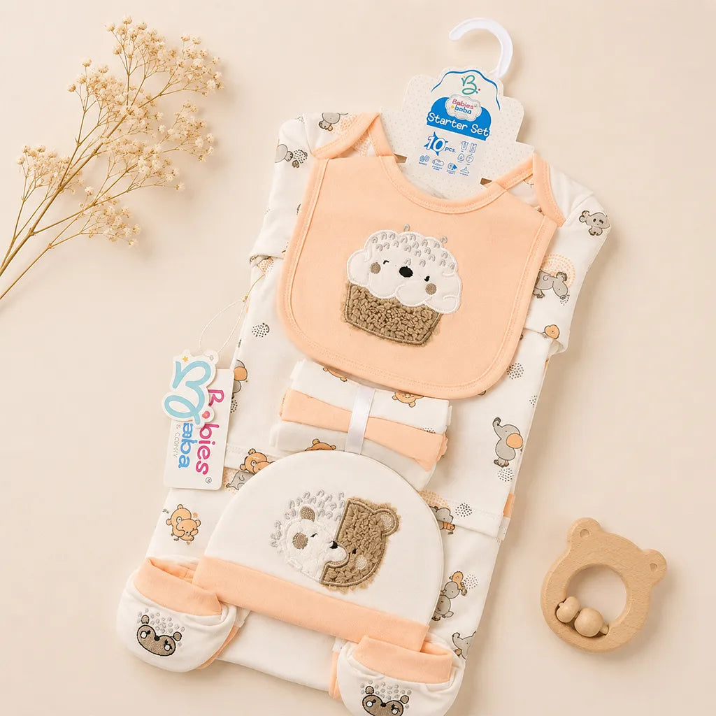BABY STARTER SET 10 PIECES BEAR/CUPCAKE PEACH