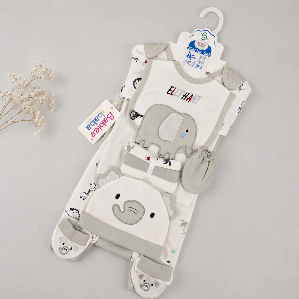 BABY STARTER SET 11 PIECES ELEPHANT PRINT GREY