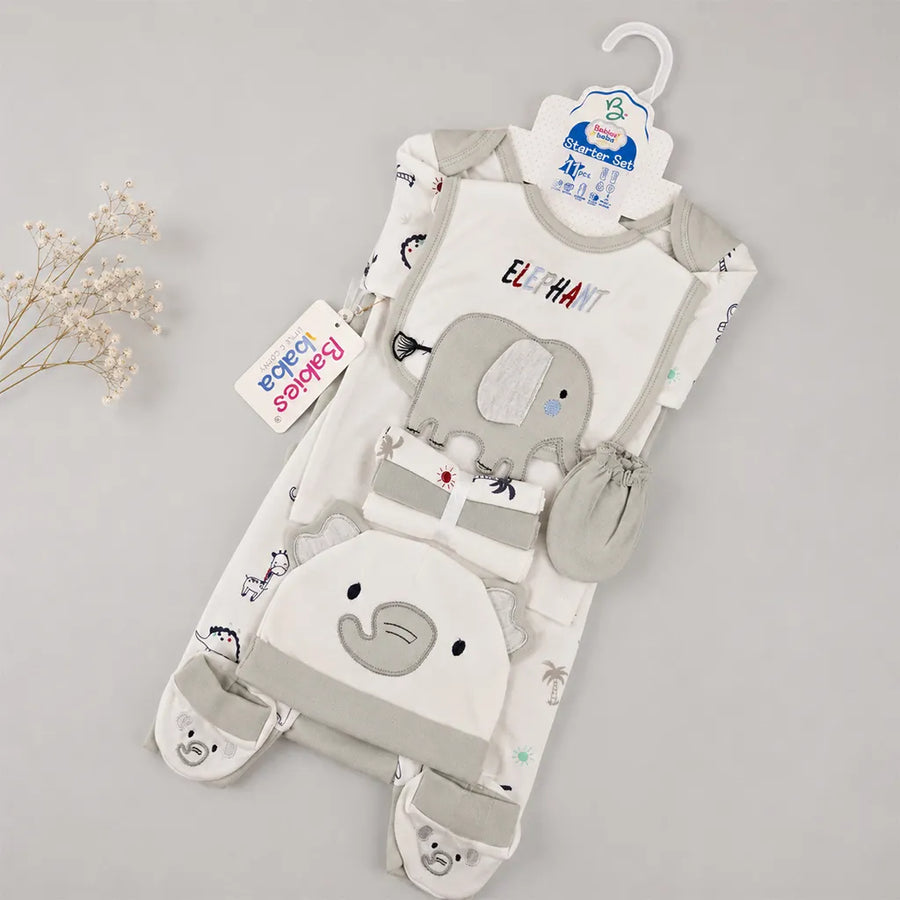 BABY STARTER SET 11 PIECES ELEPHANT PRINT GREY