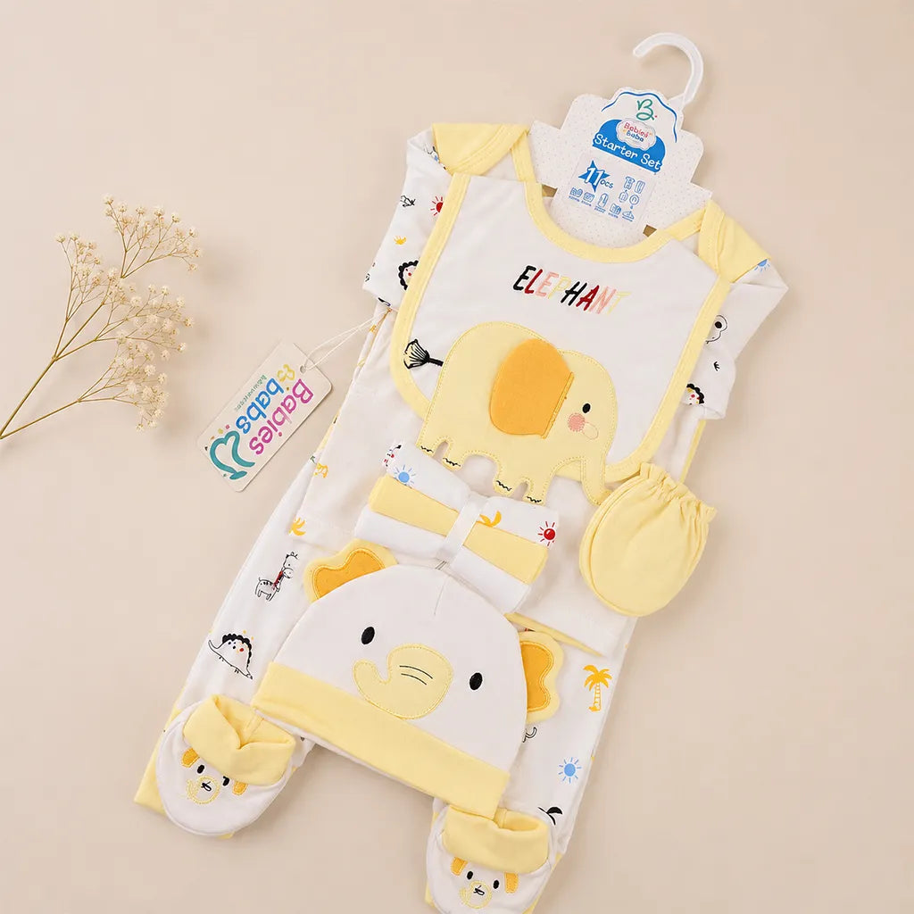 BABY STARTER SET 11 PIECES ELEPHANT PRINT YELLOW