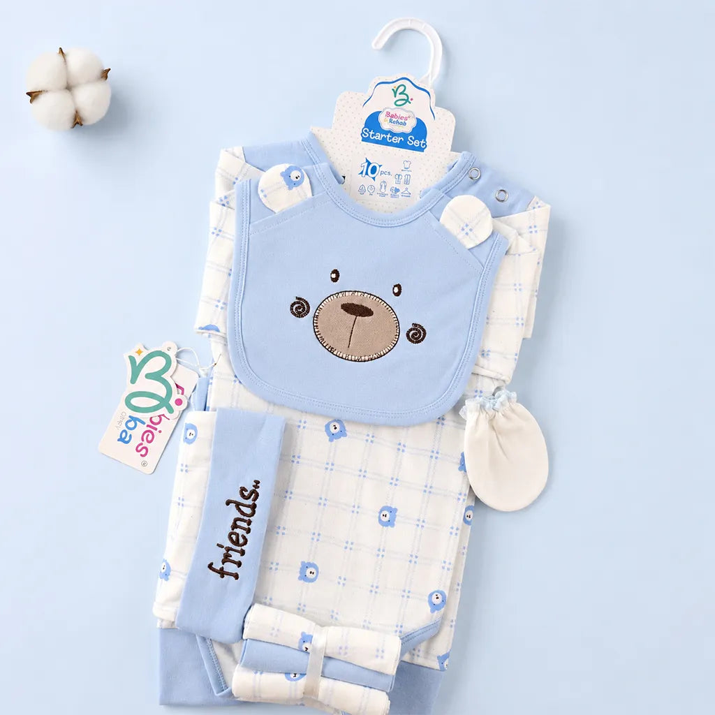 BABY STARTER SET 10 PIECES CHECK PRINT BEAR BLUE