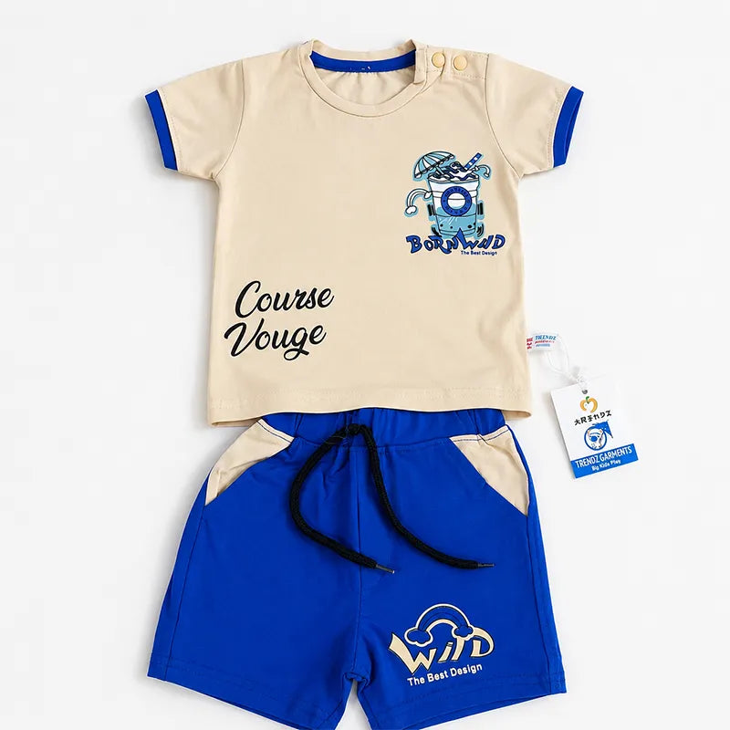 IMPORTED FABRIC FUN RIDE SUMMER OUTFIT FOR BABY/BABA ROYAL BLUE & BEIGE  
