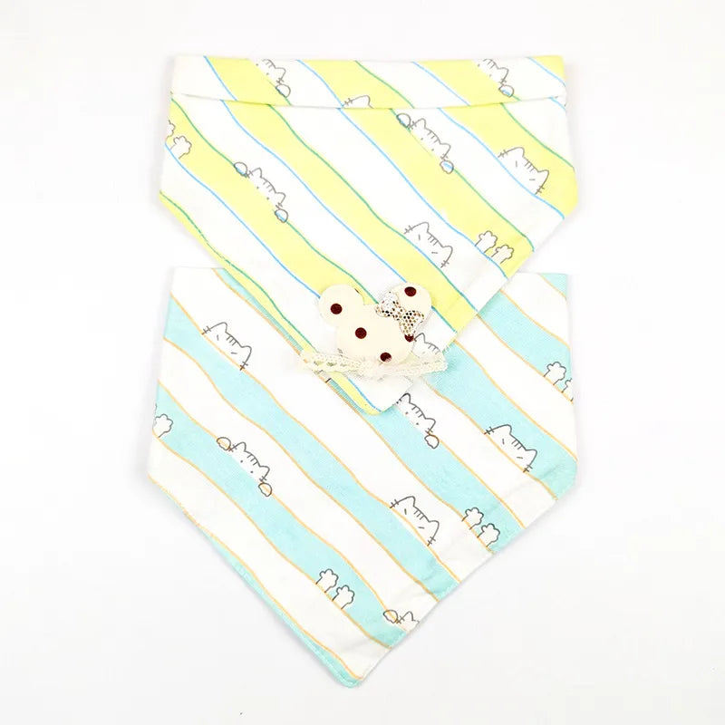 CUTE BEAR PATCH BABY TRIANGLE BIBS YELLOW & MINT STRIPED COTTON (PACK OF 2)