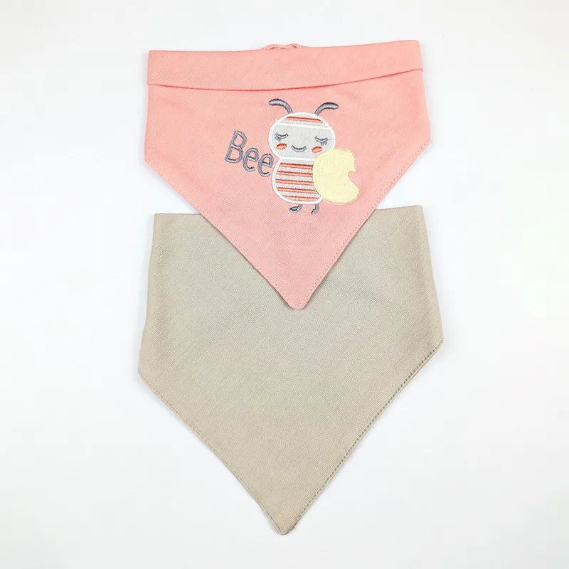 CUTE BEE EMBROIDERY BABY TRIANGLE BIBS PINK & BROWN COTTON (PACK OF 2)