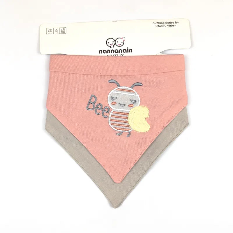 CUTE BEE EMBROIDERY BABY TRIANGLE BIBS PINK & BROWN COTTON (PACK OF 2) - image 2
