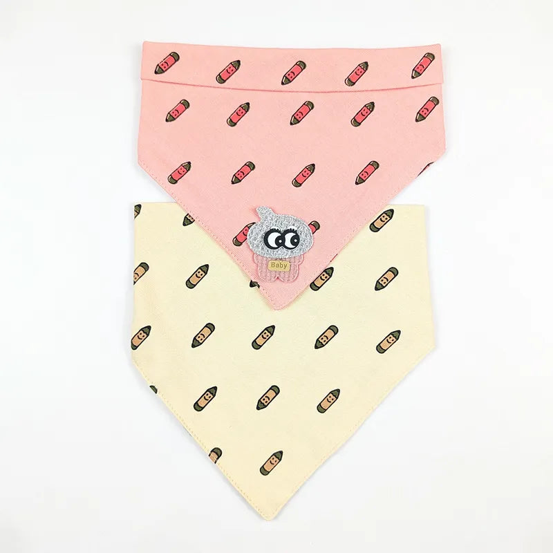 CUTE CARTOON PATCH WITH PENCIL PRINT BABY TRIANGLE BIBS PINK & BROWN COTTON (PACK OF 2)
