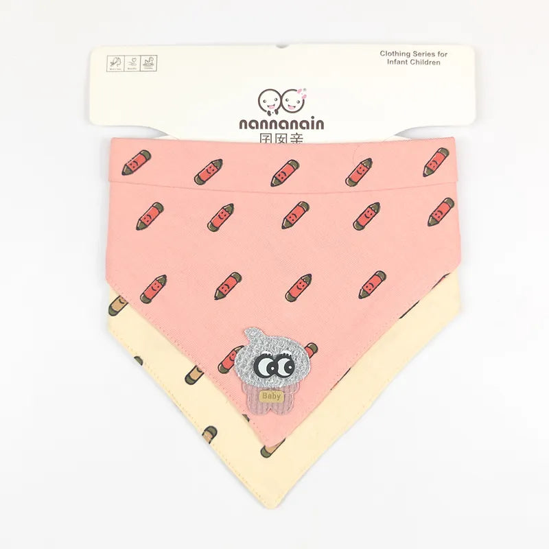 CUTE CARTOON PATCH WITH PENCIL PRINT BABY TRIANGLE BIBS PINK & BROWN COTTON (PACK OF 2) - image 2