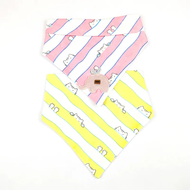 CUTE ELEPHANT PATCH BABY TRIANGLE BIBS PINK & MINT STRIPED COTTON (PACK OF 2)