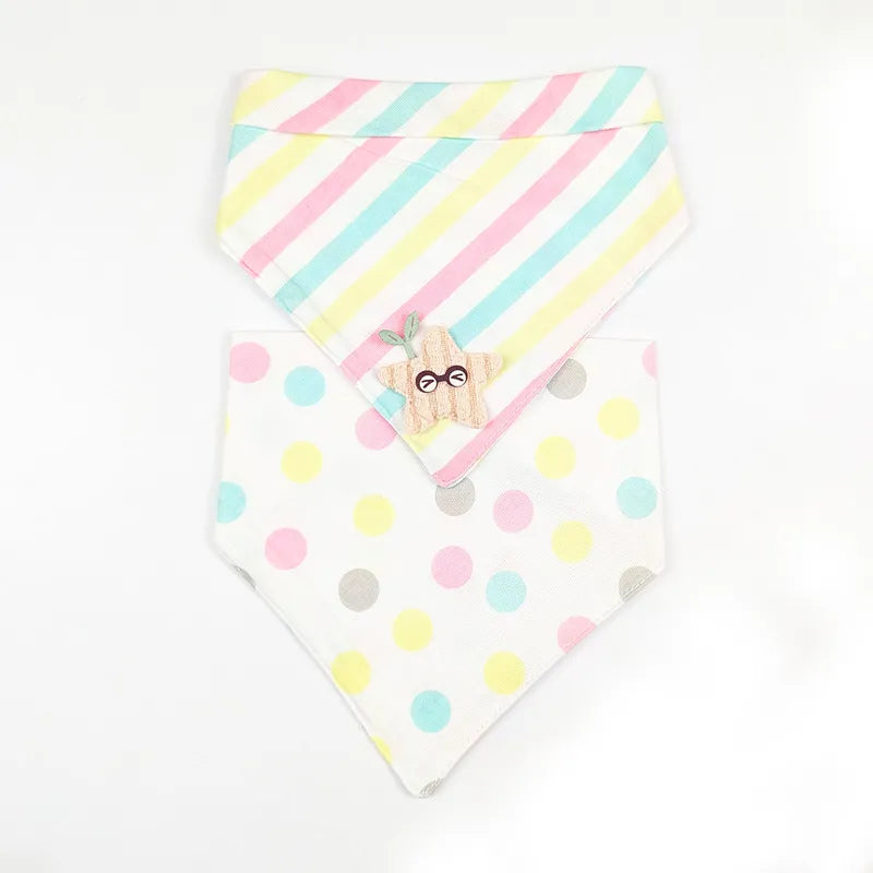 CUTE STAR PATCH BABY TRIANGLE BIBS STRIPED & DOTED MULTI COLOUR COTTON (PACK OF 2)