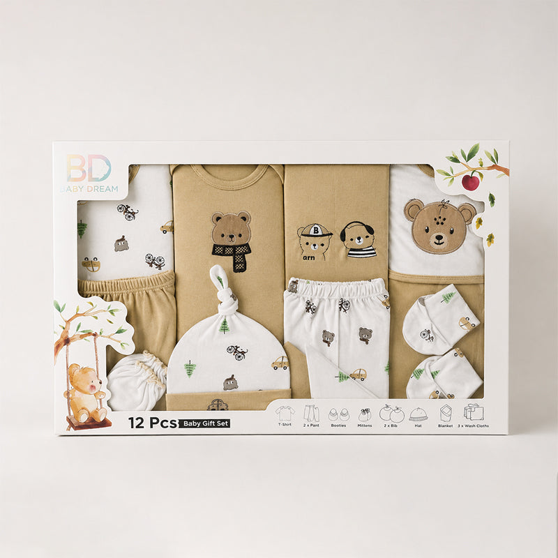 GIFT BOX 12 PCS BABY DREAM CUTE ANIMALS LIGHT BROWN/WHITE 