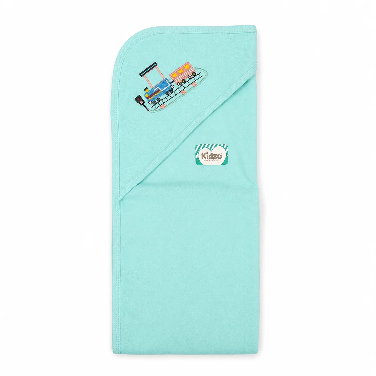 KIDZO BABY BATH TOWEL CAP TRAIN CYAN