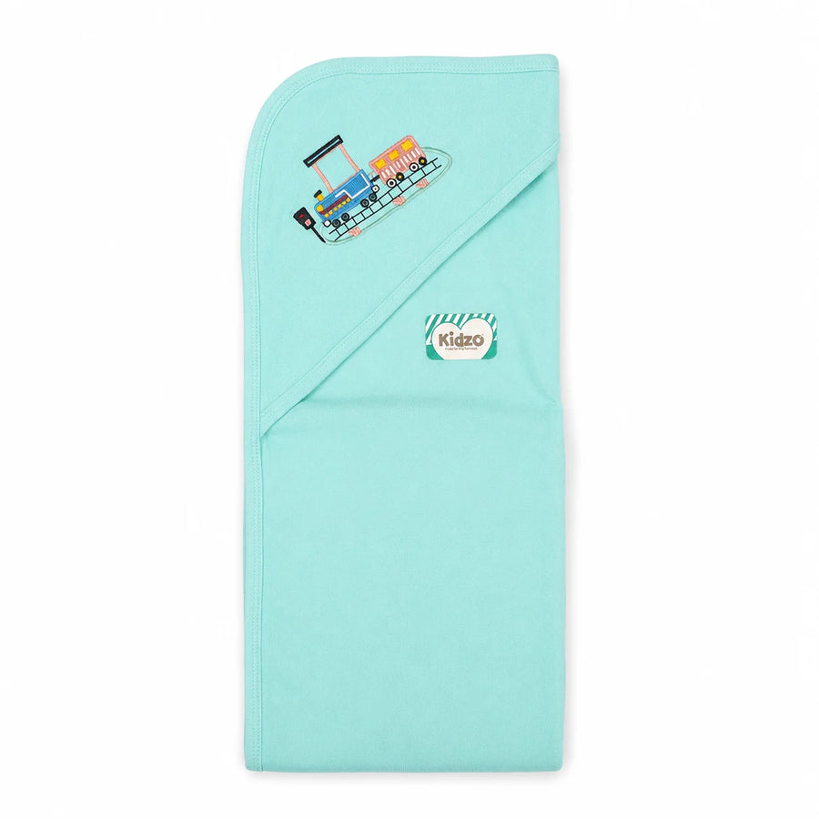 KIDZO BABY BATH TOWEL CAP TRAIN CYAN