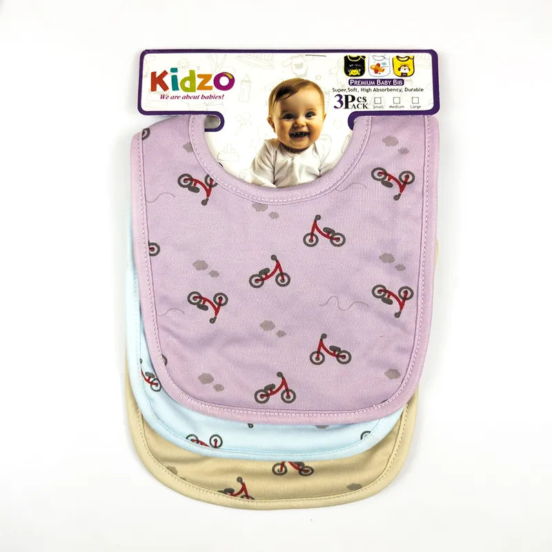 LARGE 3-PACK PREMIUM BABY BIBS MINI BICYCLE PRINT BEIGE,LAVENDER & SKY BLUE - image 2