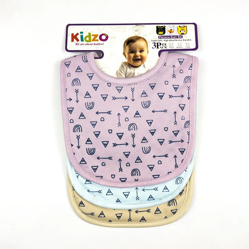LARGE 3-PACK PREMIUM BABY BIBS TRIBAL ARROWS PRINT LAVENDER, BLUE & BEIGE - image 2