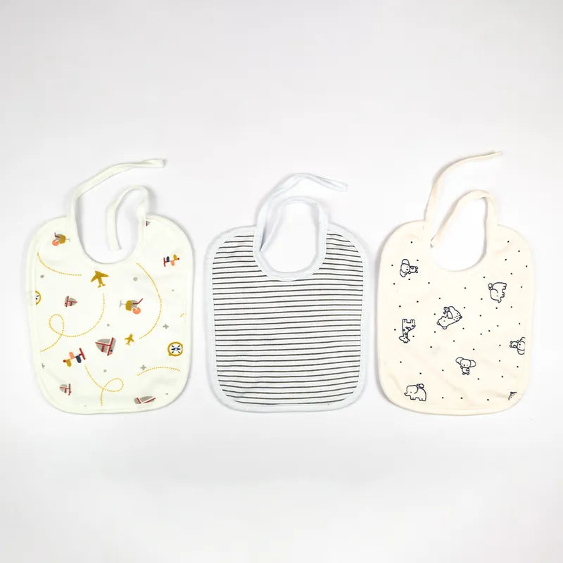 LARGE 3-PACK SOFT COTTON BABY BIBS AEROPLANE, KOALA & GREY STRIPES THEM