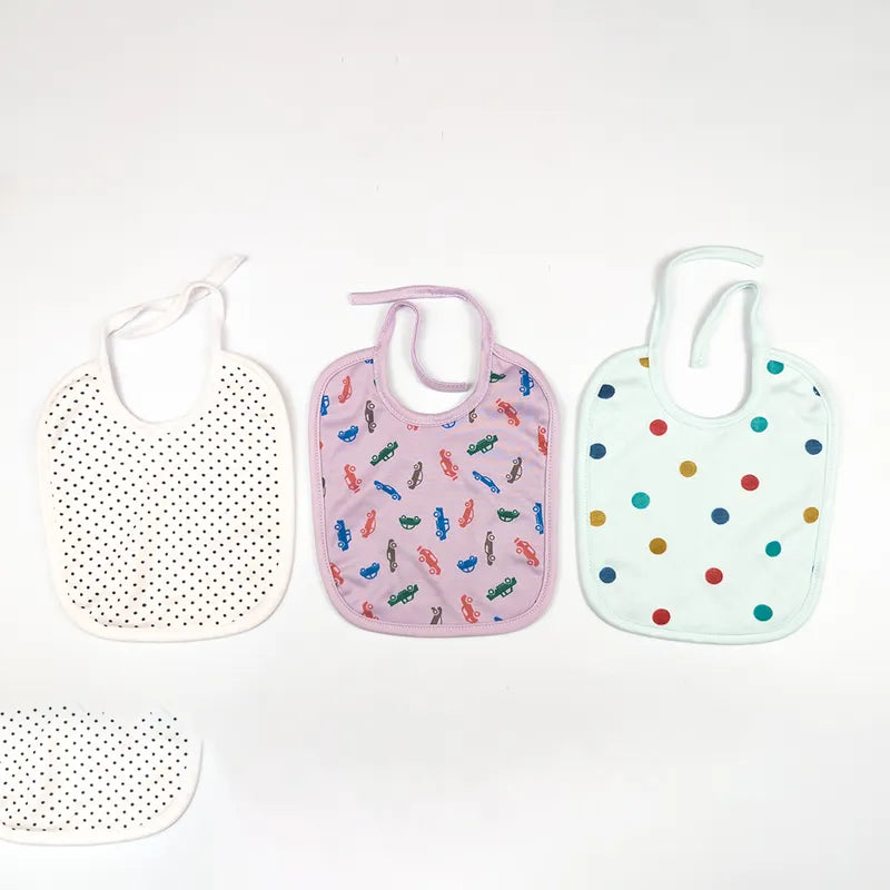 LARGE 3-PACK SOFT COTTON BABY BIBS CAR, POLKA DOTS & MINI DOTS THEM
