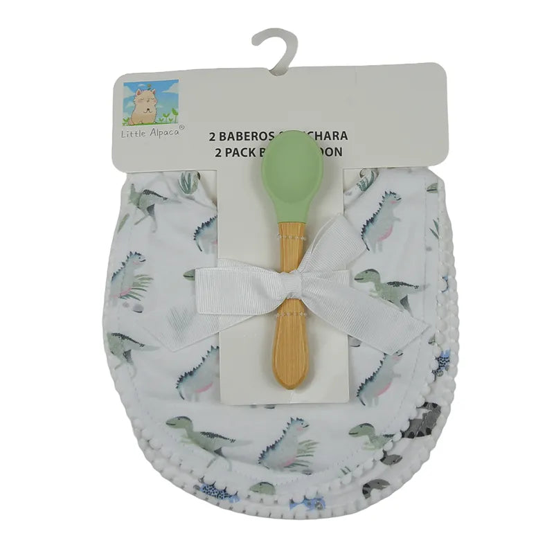 ALPACA PREMIUM 2 COTTON BIBS WITH SOFT SILICON SPOON DINOSAUR PRINT