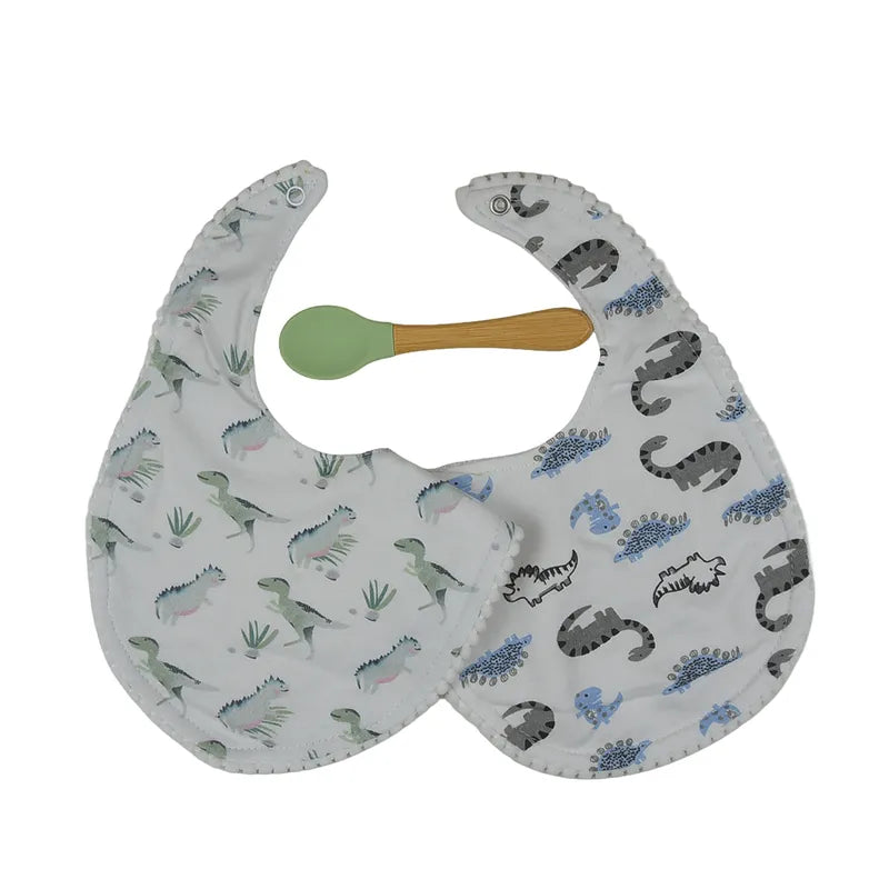 ALPACA PREMIUM 2 COTTON BIBS WITH SOFT SILICON SPOON DINOSAUR PRINT
