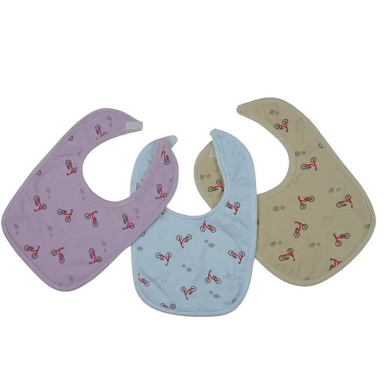 LARGE 3-PACK PREMIUM BABY BIBS MINI BICYCLE PRINT BEIGE,LAVENDER & SKY BLUE