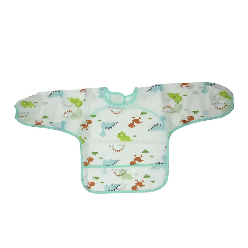 FULL COVERAGE LONG SLEEVE FEEDING BIB FOR BABIES WASHABLE AND WATERPROOF DINO PRINT
