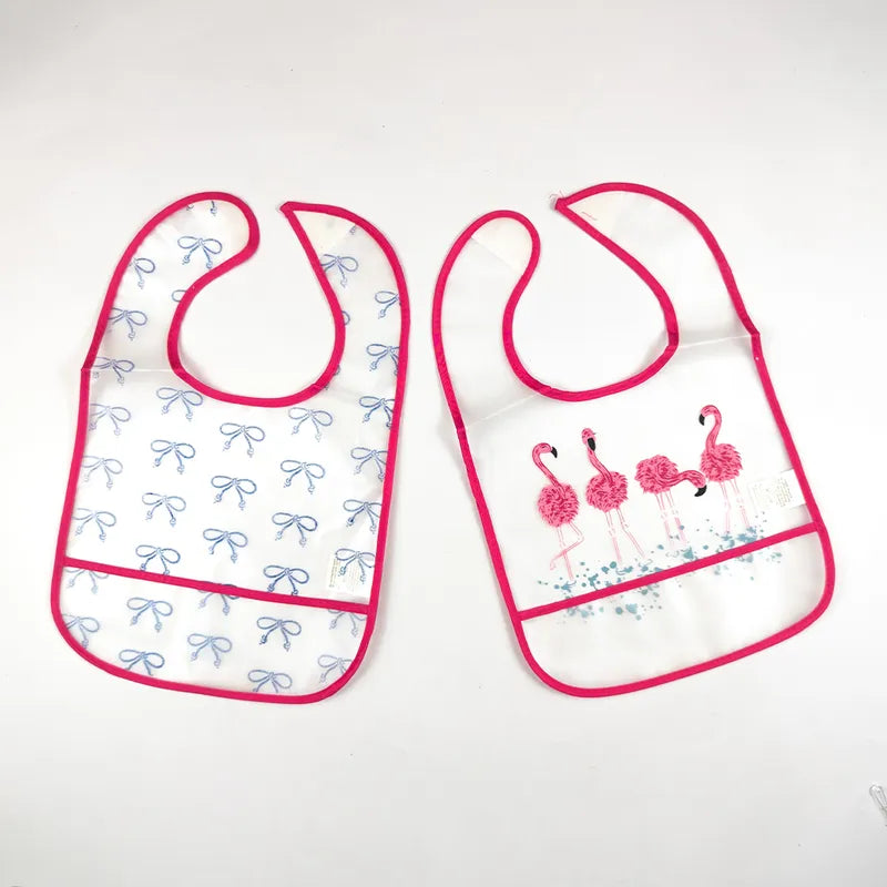 PACK OF 2 WATERPROOF BABY BIBS FLAMINGO & BOW PRINT WITH CRUMB CATCHER POCKET