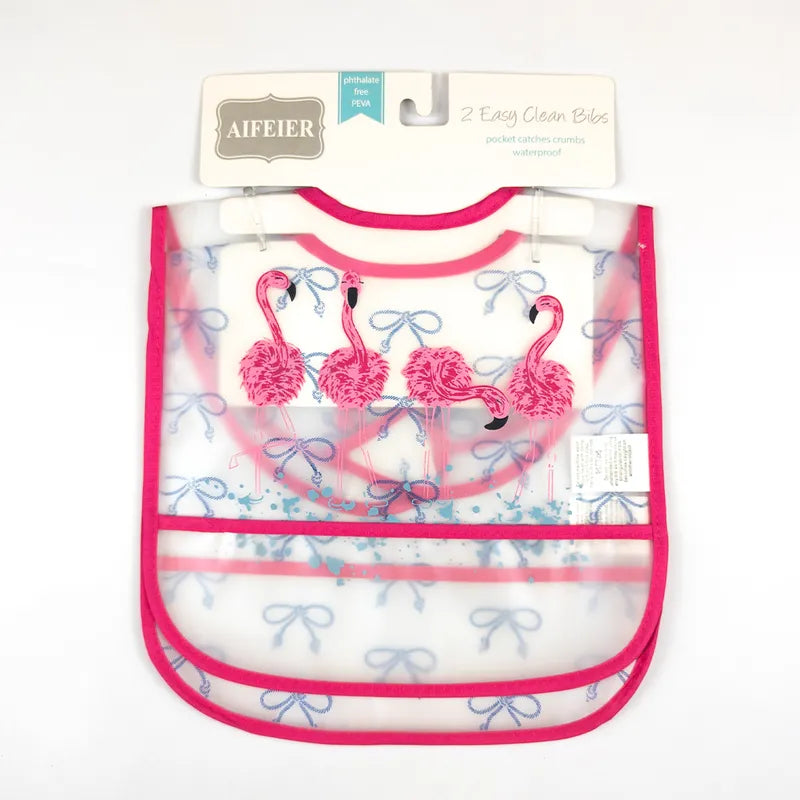 PACK OF 2 WATERPROOF BABY BIBS FLAMINGO & BOW PRINT WITH CRUMB CATCHER POCKET - image 2