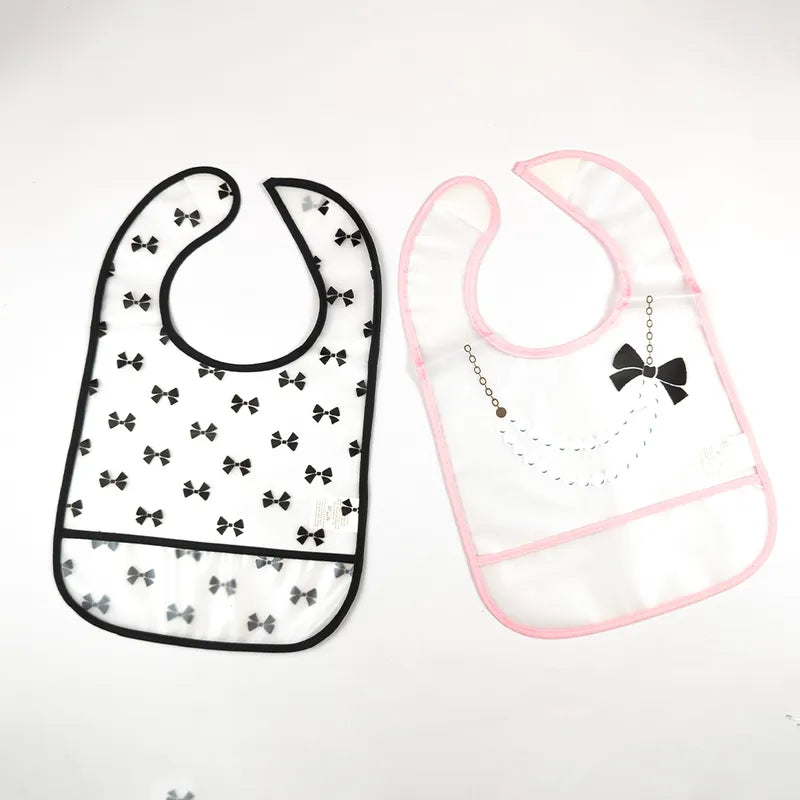PACK OF 2 WATERPROOF BABY BIBS PEARL NECKLACE & BOW PRINT WITH CRUMB CATCHER POCKET