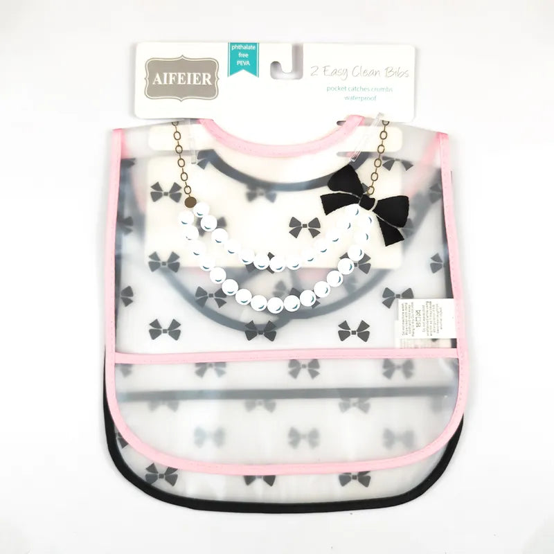 PACK OF 2 WATERPROOF BABY BIBS PEARL NECKLACE & BOW PRINT WITH CRUMB CATCHER POCKET - image 2