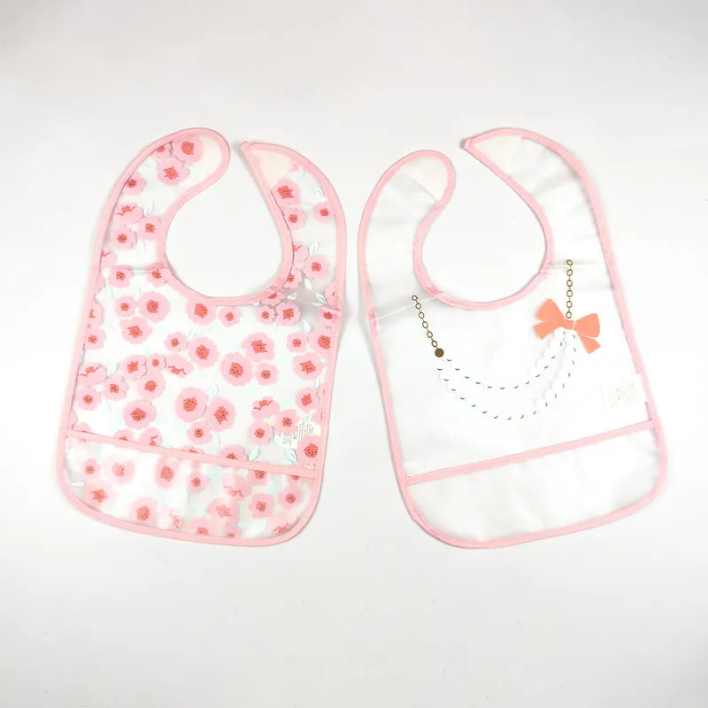 PACK OF 2 WATERPROOF BABY BIBS PEARL NECKLACE & FLORAL PRINT WITH CRUMB CATCHER POCKET