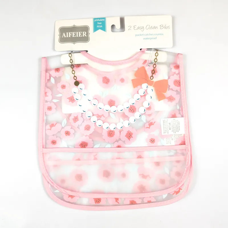 PACK OF 2 WATERPROOF BABY BIBS PEARL NECKLACE & FLORAL PRINT WITH CRUMB CATCHER POCKET - image 2