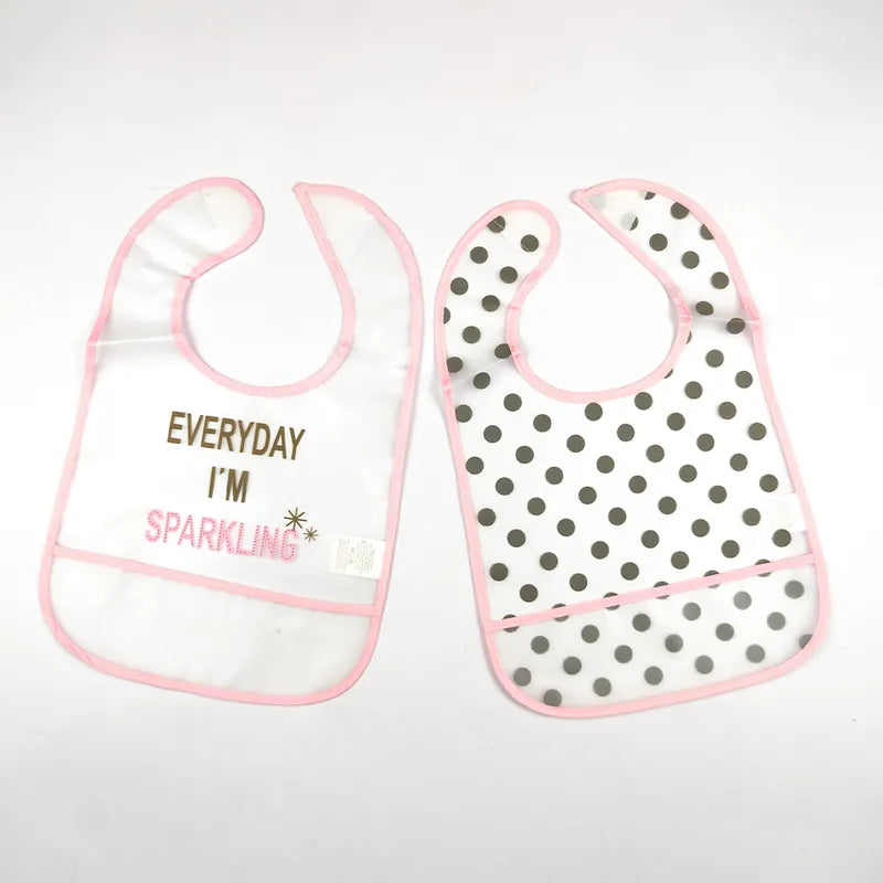 PACK OF 2 WATERPROOF BABY BIBS SPARKLING & POLKA DOT PRINT WITH CRUMB CATCHER POCKET