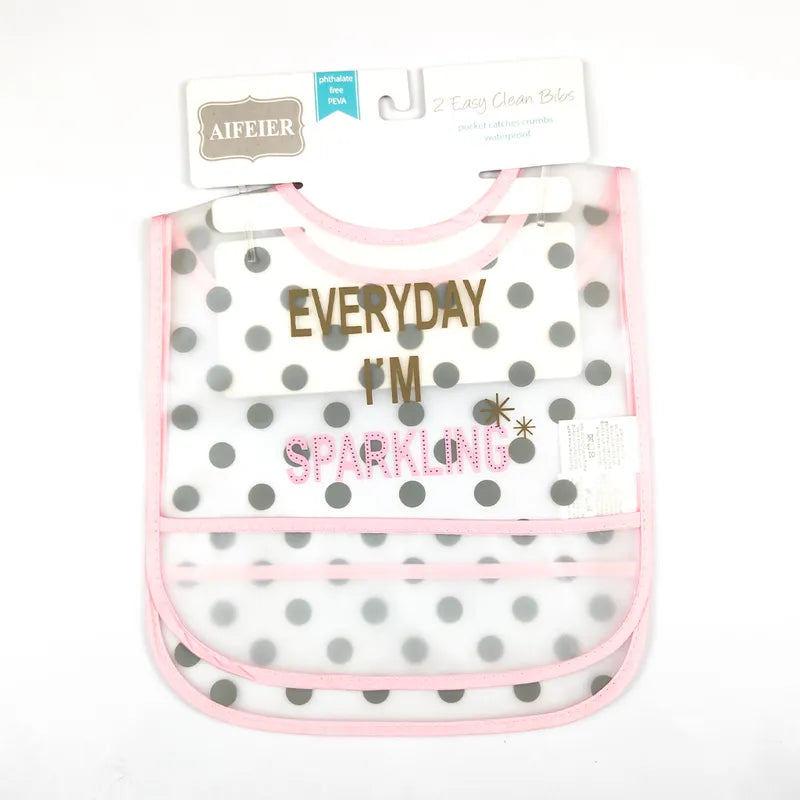 PACK OF 2 WATERPROOF BABY BIBS SPARKLING & POLKA DOT PRINT WITH CRUMB CATCHER POCKET - image 2