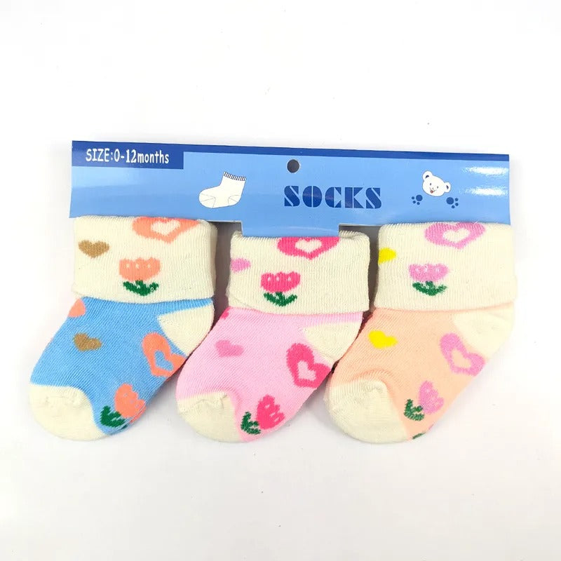 Baby Girl Floral Heart Socks 3-Pack, 0-12M