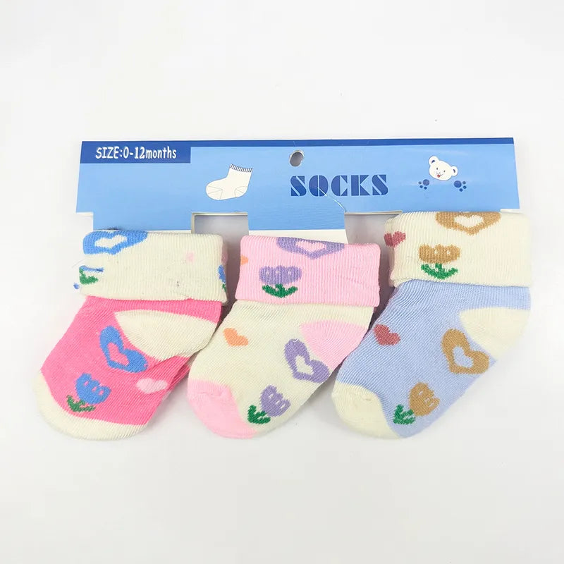 PACK OF 3 BABY GIRLS FLORAL HEART SOCKS-BABY PINK, PURPLE & PINK SPRING THEME (0-12M)