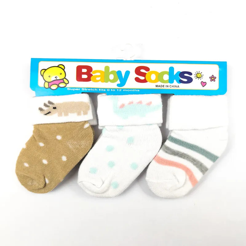 PACK OF 3 COTTON SOCKS-STRIPED, DINOSAUR & RHINO PRINTED (0-12M)