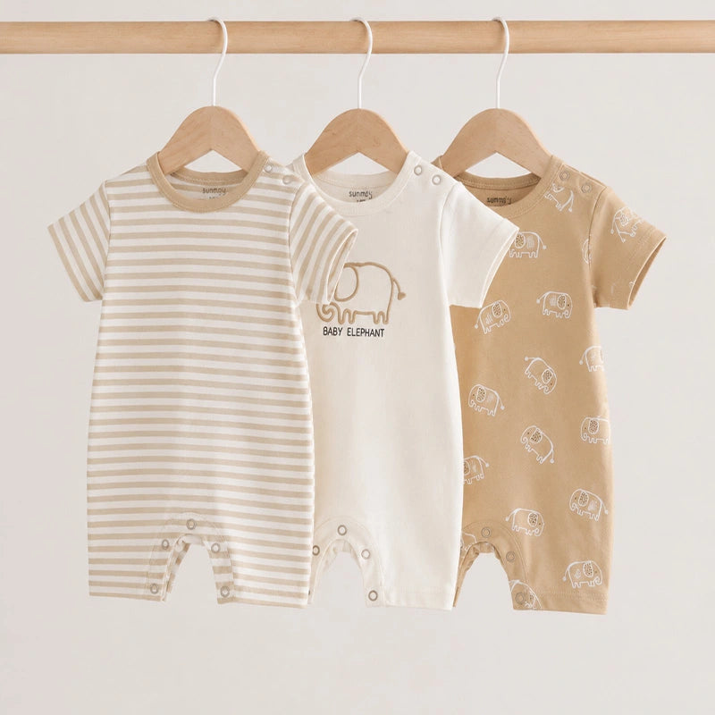 Additional view of beige and off-white short-sleeve cotton baby rompers with elephant print from the pack of 3