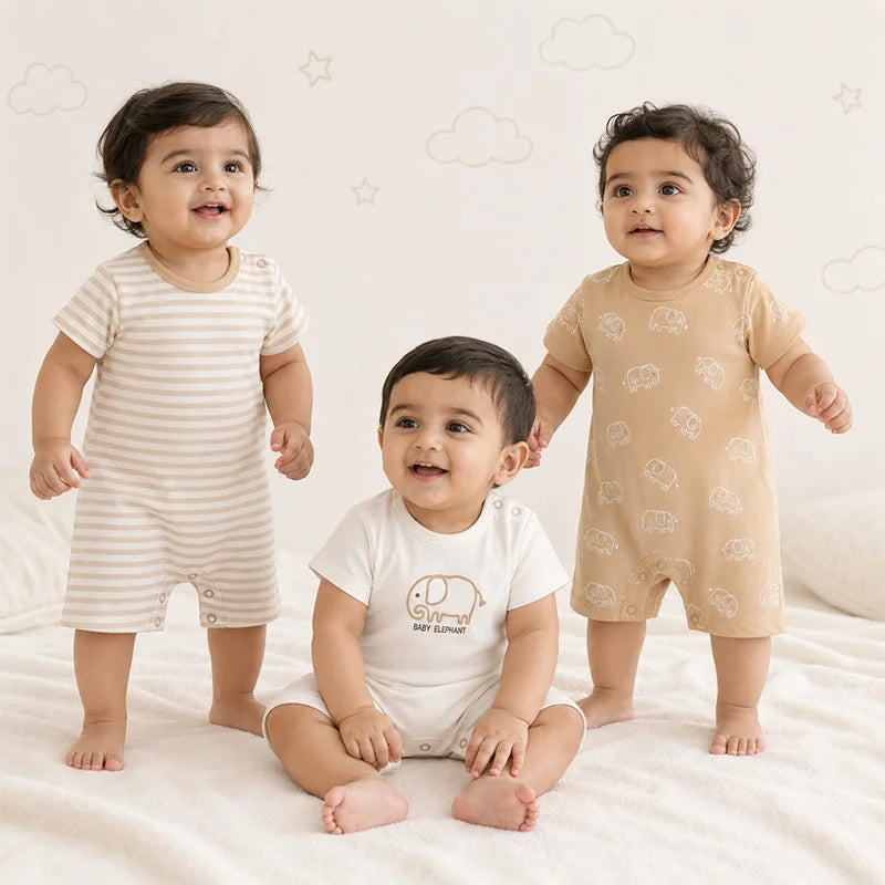 Beige and off-white short-sleeve cotton baby rompers with elephant print, pack of 3