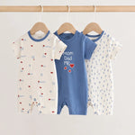Blue and white short-sleeve cotton baby rompers with mom & dad love prints, pack of 3