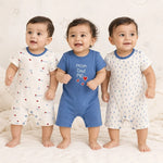Additional view of blue and white short-sleeve cotton baby rompers with mom & dad love prints from the pack of 3