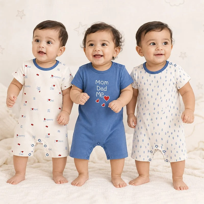 Additional view of blue and white short-sleeve cotton baby rompers with mom & dad love prints from the pack of 3