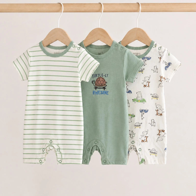 Green and white short-sleeve cotton baby rompers with turtle print, pack of 3