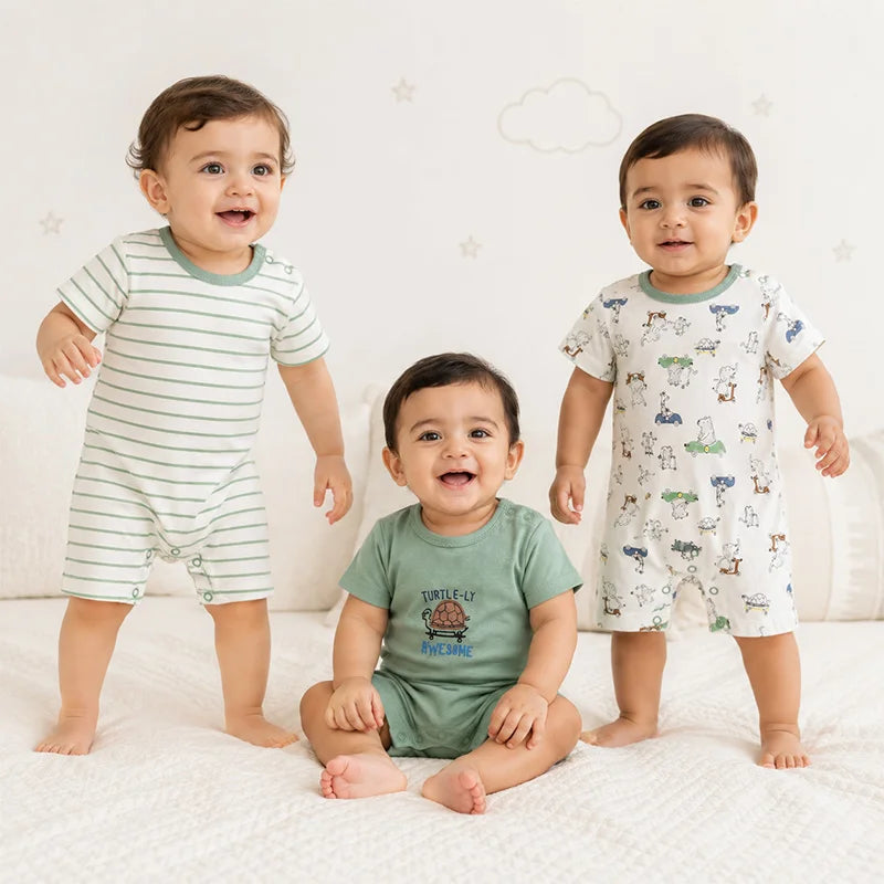 Additional view of green and white short-sleeve cotton baby rompers with turtle print from the pack of 3