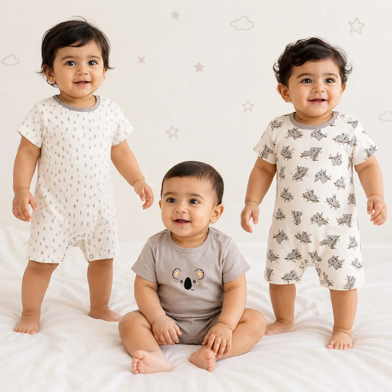 Additional view of grey and white short-sleeve cotton baby rompers with koala print from the pack of 3