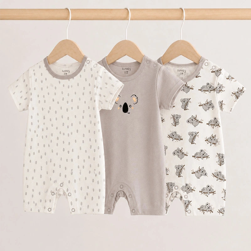 Grey and white short-sleeve cotton baby rompers with koala print, pack of 3