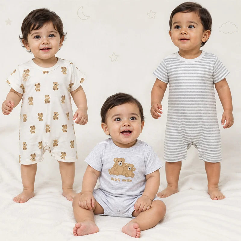 Grey and white short-sleeve cotton baby rompers with teddy bear print, pack of 3