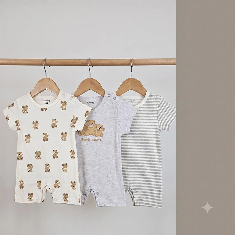 Additional view of grey and white short-sleeve cotton baby rompers with teddy bear print from the pack of 3