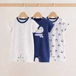 Navy blue and white short-sleeve cotton baby rompers with penguin prints, pack of 3